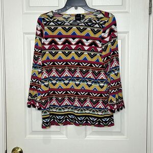 Rafaella Colorful Top Geometric Aztec Tribal Multi Color Bell Sleeves Sz SP